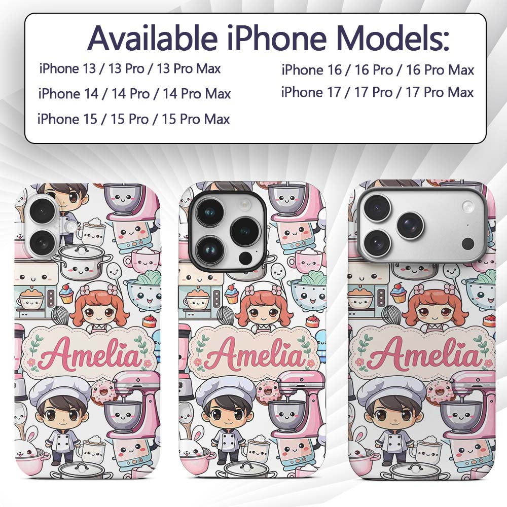 Cute Kawaii Baking Girl Mixer Blender Donut White Custom Name Protective Phone Case Mobile Cover Durable Everyday Smartphone Shock Resistant