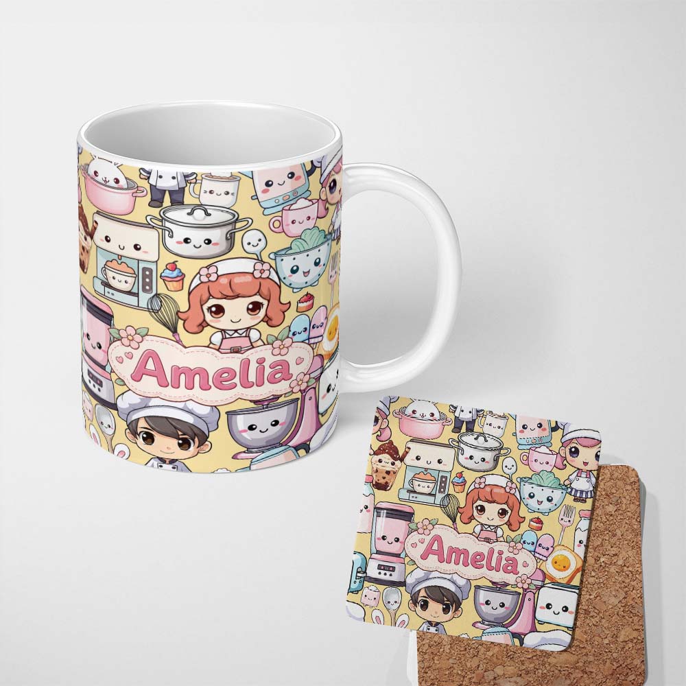 Personalized Custom Name Cute Kawaii Baking Girl Mixer Blender Donut Yellow Background 11oz Ceramic Coffee Tea Mug White Large Handle