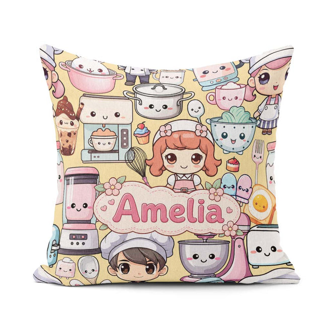 Custom Name Cute Kawaii Baking Girl Mixer Blender Donut Yellow Square Filled Cushion Throw Pillow Sofa Bed Home Decor Zip Washable UK Made