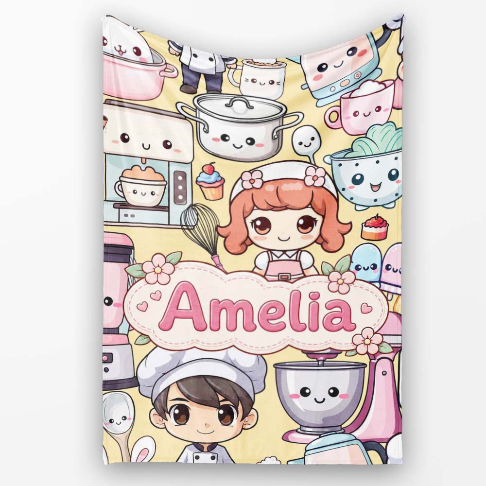 Cute Kawaii Baking Girl Mixer Blender Donut Yellow Background  Personalised Custom Name Super Soft Fleece Blanket Bed Sofa Throw