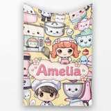 Cute Kawaii Baking Girl Mixer Blender Donut Yellow Background  Personalised Custom Name Super Soft Fleece Blanket Bed Sofa Throw