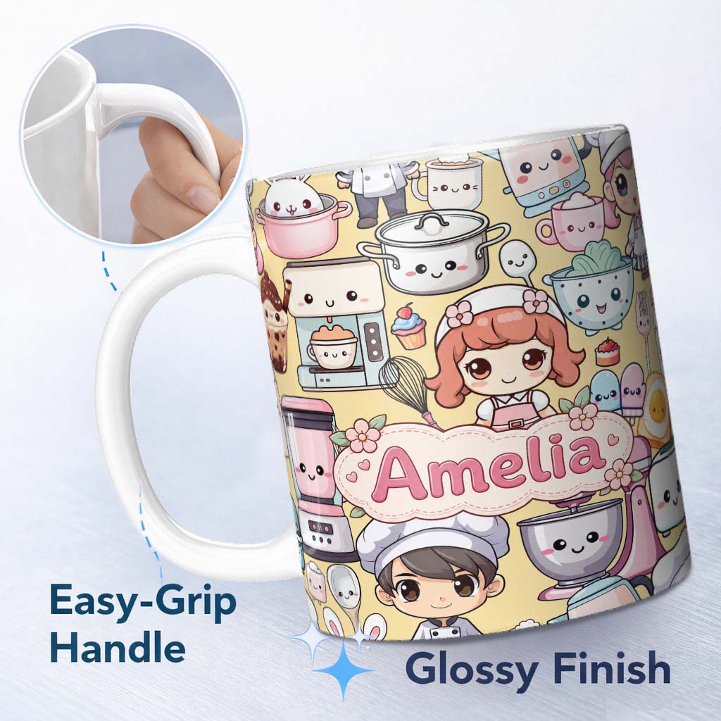Personalized Custom Name Cute Kawaii Baking Girl Mixer Blender Donut Yellow Background 11oz Ceramic Coffee Tea Mug White Large Handle