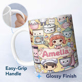 Personalized Custom Name Cute Kawaii Baking Girl Mixer Blender Donut Yellow Background 11oz Ceramic Coffee Tea Mug White Large Handle