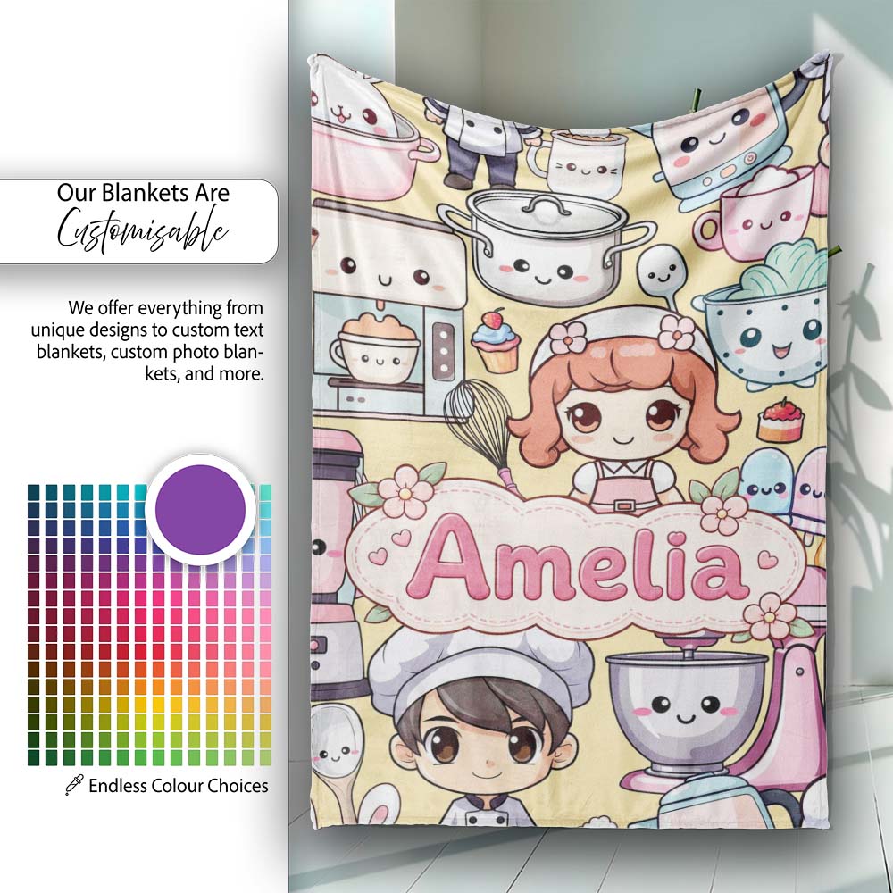 Cute Kawaii Baking Girl Mixer Blender Donut Yellow Background  Personalised Custom Name Super Soft Fleece Blanket Bed Sofa Throw