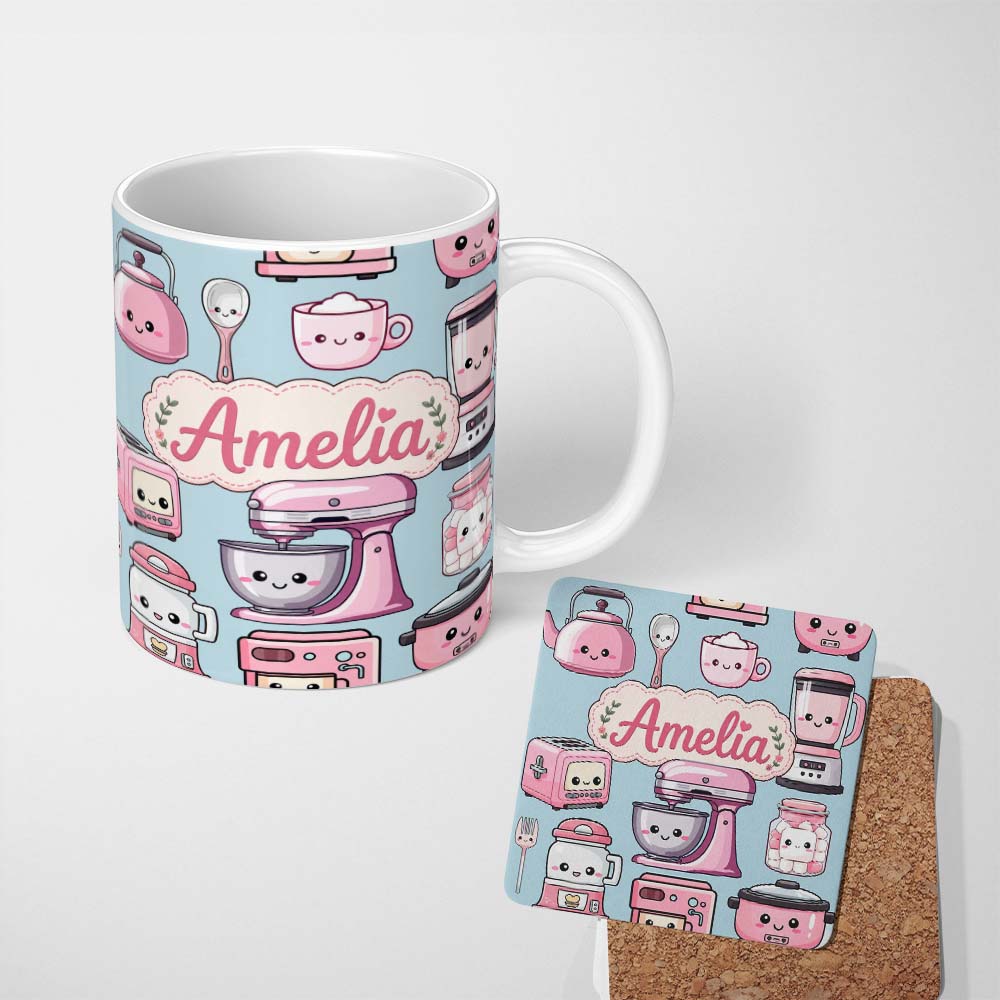 Personalized Custom Name Cute Kawaii Pink Kitchen Appliances Blue Background Seamless 11oz Ceramic Coffee Tea Mug White Large Handle