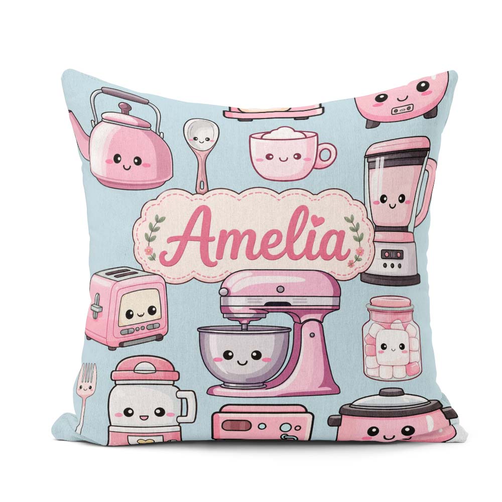 Custom Name Cute Kawaii Pink Appliances Blue Background Seamless Square Filled Cushion Throw Pillow Sofa Bed Home Decor Zip Washable UK Made