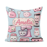 Custom Name Cute Kawaii Pink Appliances Blue Background Seamless Square Filled Cushion Throw Pillow Sofa Bed Home Decor Zip Washable UK Made