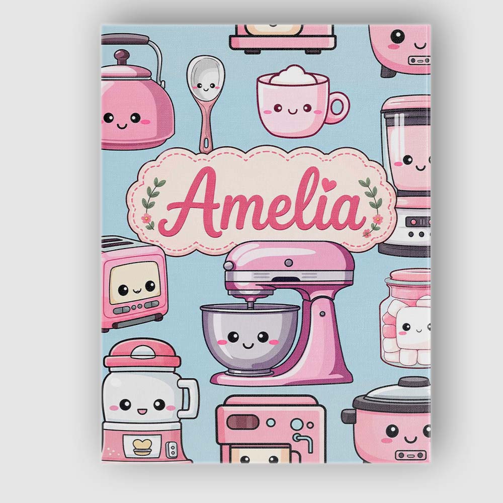 Personalised Name Cute Kawaii Pink Appliances Custom Unique Gift Idea Modern Room Accent Canvas Wall Art Print Decor Picture Ready to Hang