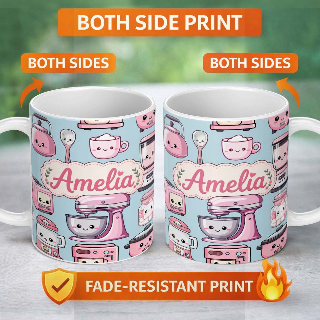 Personalized Custom Name Cute Kawaii Pink Kitchen Appliances Blue Background Seamless 11oz Ceramic Coffee Tea Mug White Large Handle
