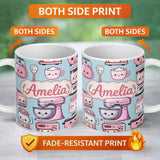 Personalized Custom Name Cute Kawaii Pink Kitchen Appliances Blue Background Seamless 11oz Ceramic Coffee Tea Mug White Large Handle