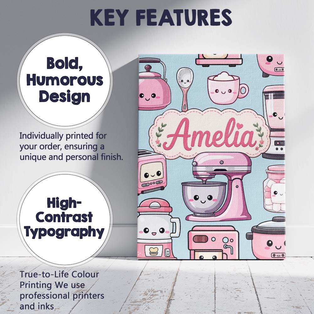 Personalised Name Cute Kawaii Pink Appliances Custom Unique Gift Idea Modern Room Accent Canvas Wall Art Print Decor Picture Ready to Hang