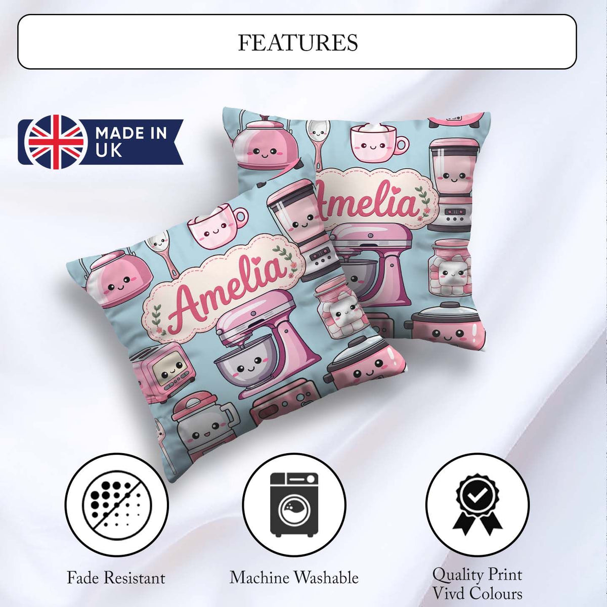 Custom Name Cute Kawaii Pink Appliances Blue Background Seamless Square Filled Cushion Throw Pillow Sofa Bed Home Decor Zip Washable UK Made