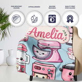 Cute Kawaii Pink  Appliances Blue Background Seamless  Personalised Custom Name Super Soft Fleece Blanket Bed Sofa Throw