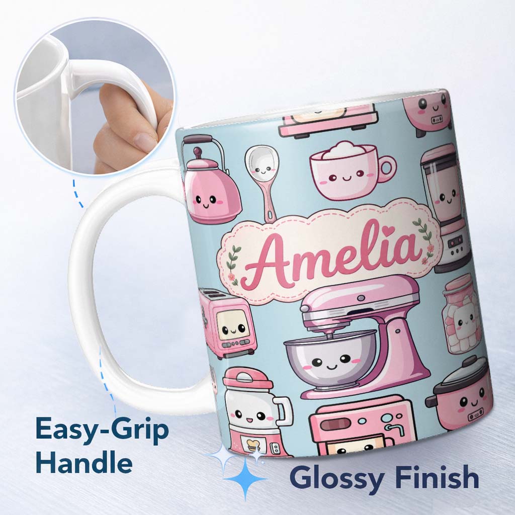 Personalized Custom Name Cute Kawaii Pink Kitchen Appliances Blue Background Seamless 11oz Ceramic Coffee Tea Mug White Large Handle