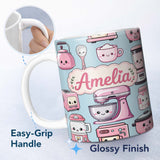 Personalized Custom Name Cute Kawaii Pink Kitchen Appliances Blue Background Seamless 11oz Ceramic Coffee Tea Mug White Large Handle