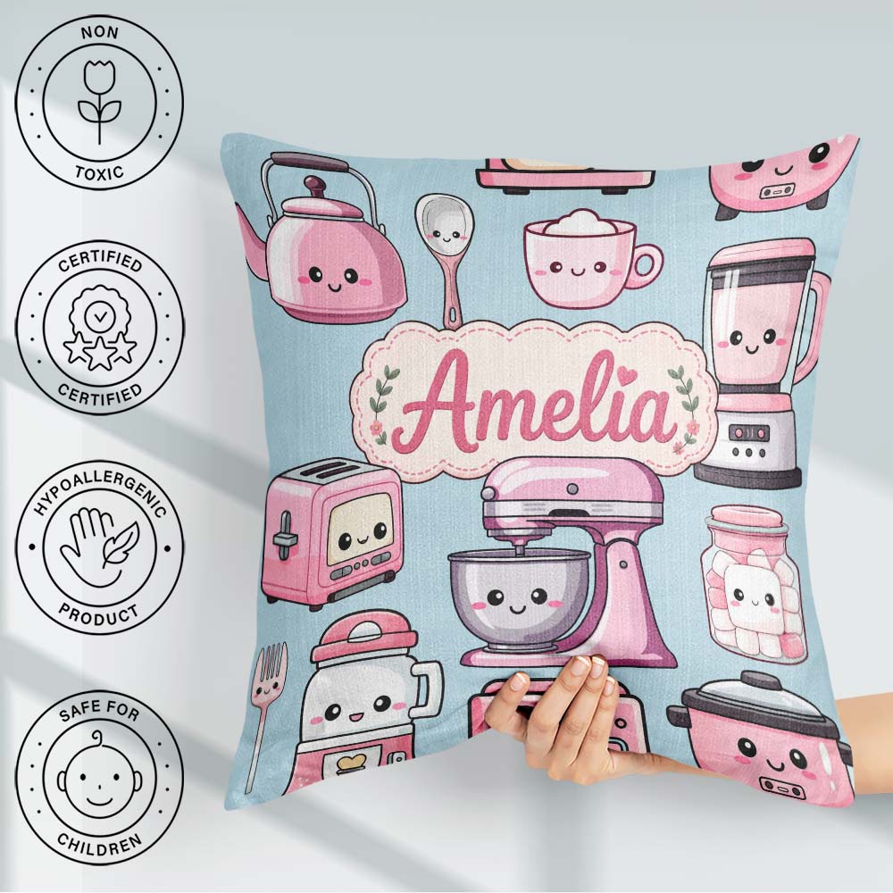 Custom Name Cute Kawaii Pink Appliances Blue Background Seamless Square Filled Cushion Throw Pillow Sofa Bed Home Decor Zip Washable UK Made