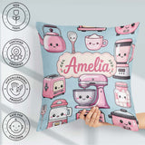 Custom Name Cute Kawaii Pink Appliances Blue Background Seamless Square Filled Cushion Throw Pillow Sofa Bed Home Decor Zip Washable UK Made