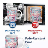 Personalized Custom Name Cute Kawaii Pink Kitchen Appliances Blue Background Seamless 11oz Ceramic Coffee Tea Mug White Large Handle
