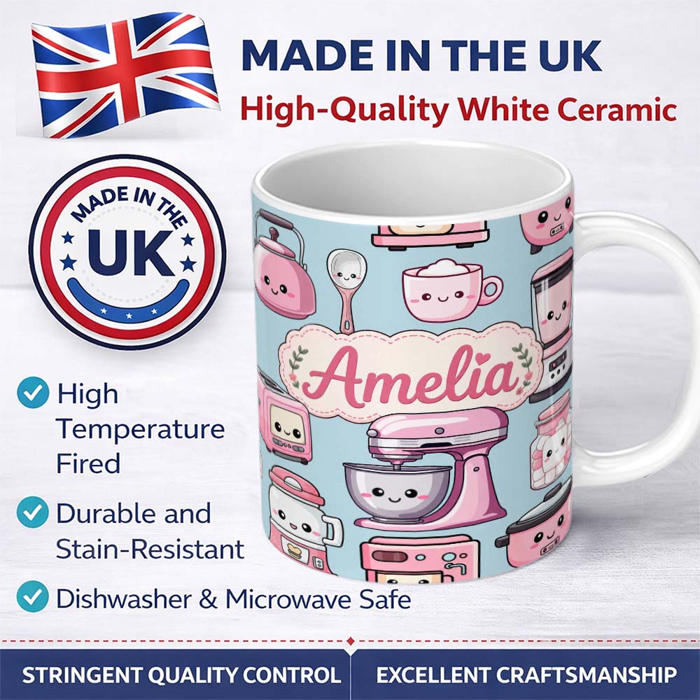 Personalized Custom Name Cute Kawaii Pink Kitchen Appliances Blue Background Seamless 11oz Ceramic Coffee Tea Mug White Large Handle