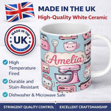 Personalized Custom Name Cute Kawaii Pink Kitchen Appliances Blue Background Seamless 11oz Ceramic Coffee Tea Mug White Large Handle