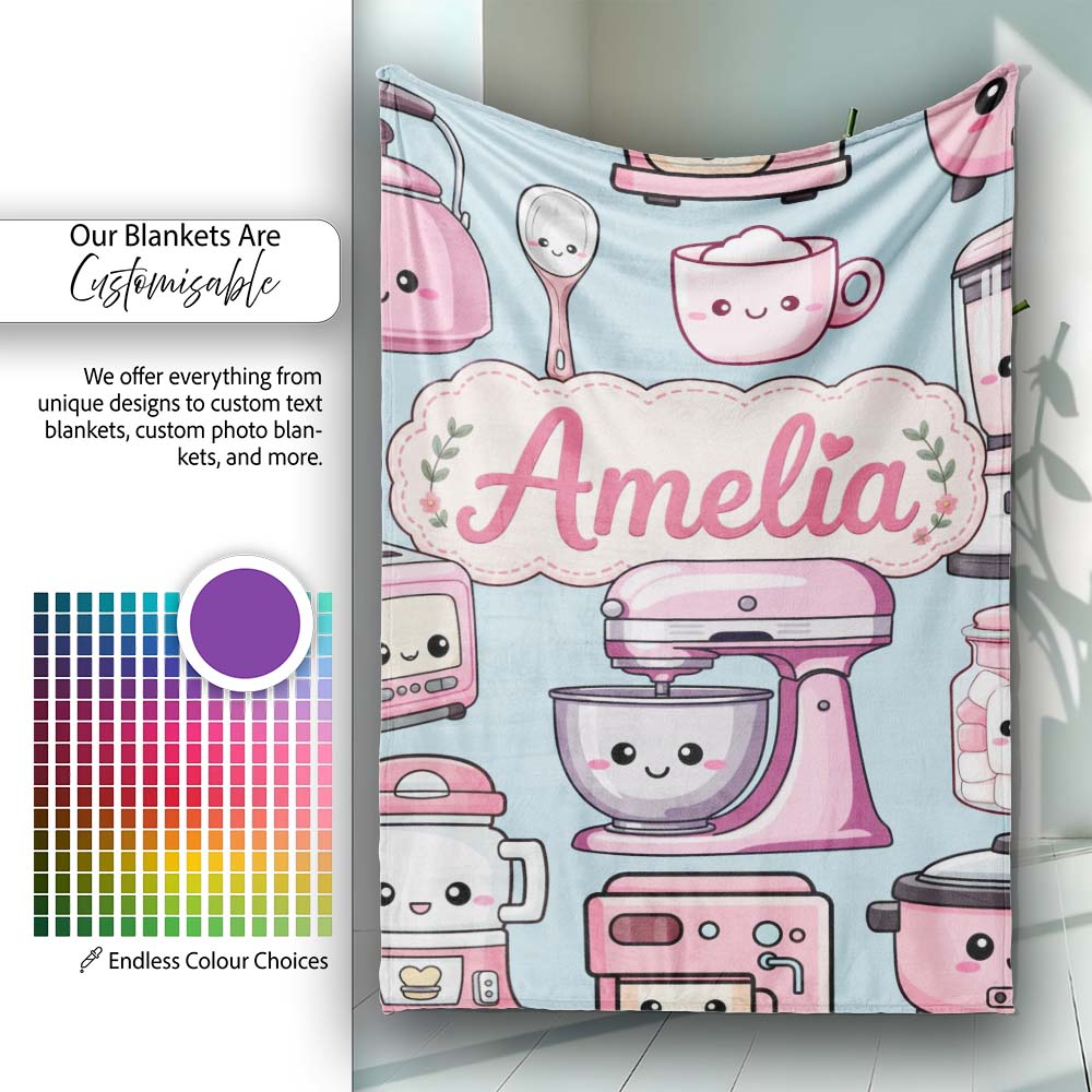 Cute Kawaii Pink  Appliances Blue Background Seamless  Personalised Custom Name Super Soft Fleece Blanket Bed Sofa Throw