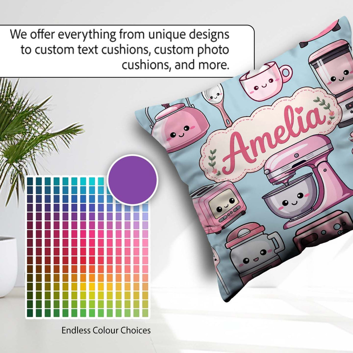 Custom Name Cute Kawaii Pink Appliances Blue Background Seamless Square Filled Cushion Throw Pillow Sofa Bed Home Decor Zip Washable UK Made