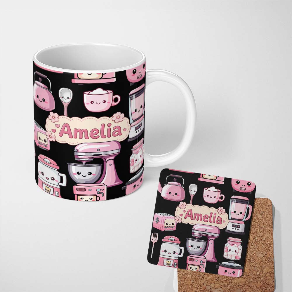 Personalized Custom Name Cute Kawaii Pink Kitchen Appliances Black Background Seamless 11oz Ceramic Coffee Tea Mug White Large Handle