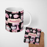 Personalized Custom Name Cute Kawaii Pink Kitchen Appliances Black Background Seamless 11oz Ceramic Coffee Tea Mug White Large Handle