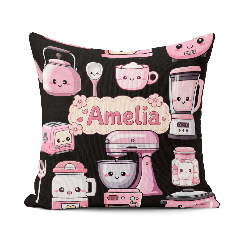 Custom Name Kawaii Pink Appliances Black Background Seamless Square Filled Cushion Throw Pillow Sofa Bed Home Decor Zip Washable UK Made