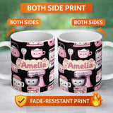 Personalized Custom Name Cute Kawaii Pink Kitchen Appliances Black Background Seamless 11oz Ceramic Coffee Tea Mug White Large Handle
