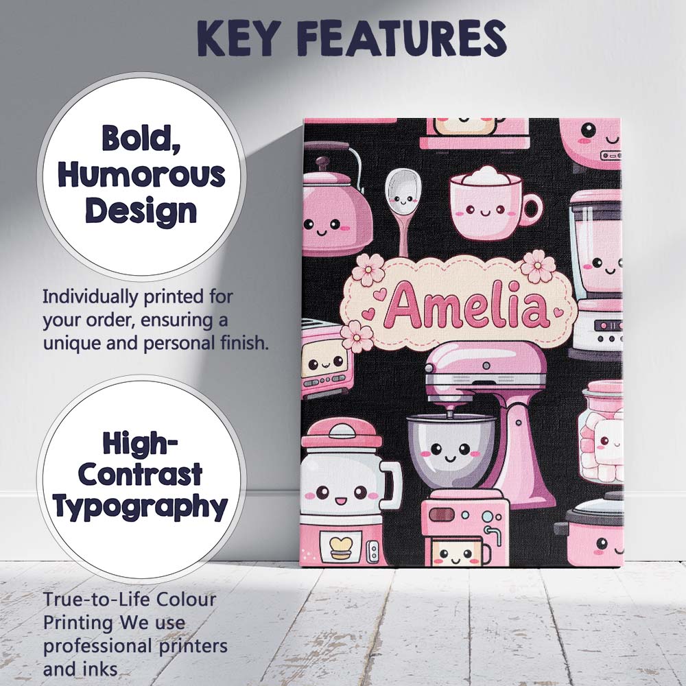 Personalised Name Cute Kawaii Pink Appliances Custom Unique Gift Idea Modern Room Accent Canvas Wall Art Print Decor Picture Ready to Hang