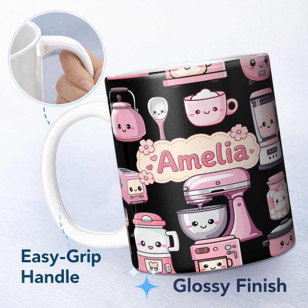 Personalized Custom Name Cute Kawaii Pink Kitchen Appliances Black Background Seamless 11oz Ceramic Coffee Tea Mug White Large Handle