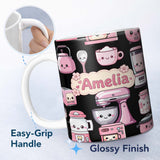 Personalized Custom Name Cute Kawaii Pink Kitchen Appliances Black Background Seamless 11oz Ceramic Coffee Tea Mug White Large Handle
