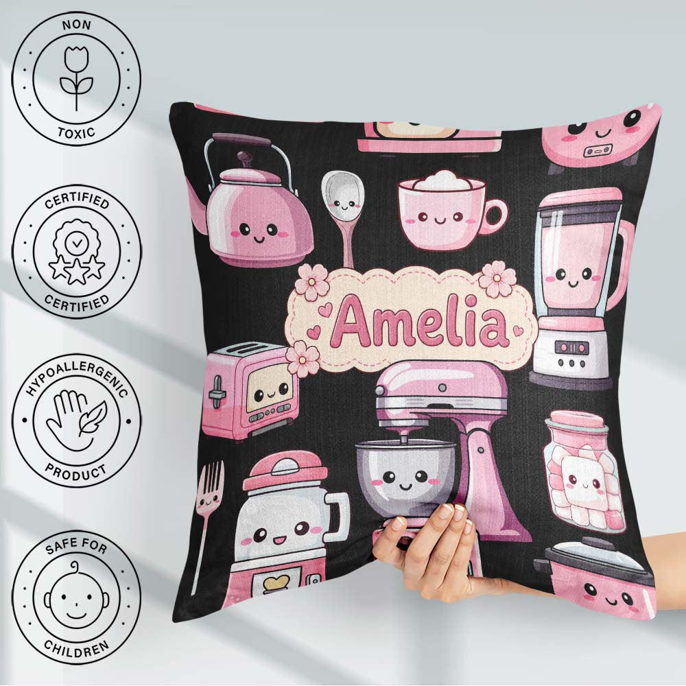 Custom Name Kawaii Pink Appliances Black Background Seamless Square Filled Cushion Throw Pillow Sofa Bed Home Decor Zip Washable UK Made