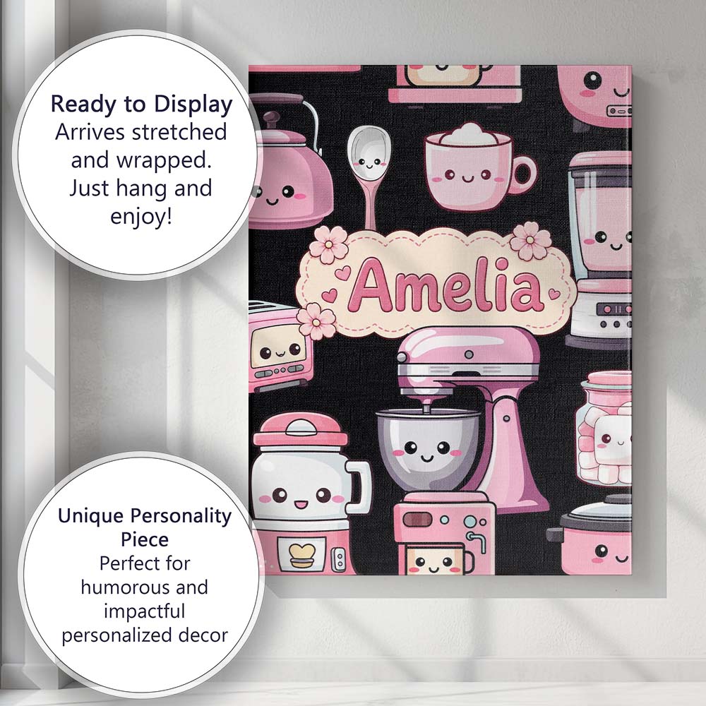 Personalised Name Cute Kawaii Pink Appliances Custom Unique Gift Idea Modern Room Accent Canvas Wall Art Print Decor Picture Ready to Hang