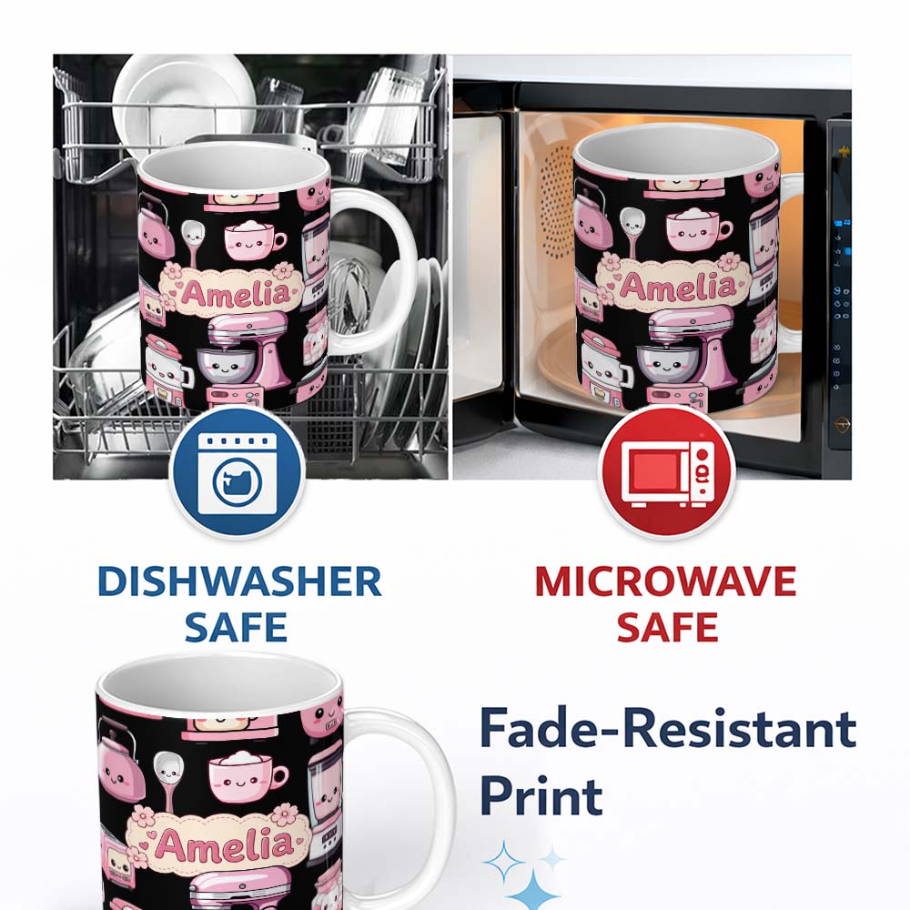 Personalized Custom Name Cute Kawaii Pink Kitchen Appliances Black Background Seamless 11oz Ceramic Coffee Tea Mug White Large Handle