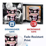 Personalized Custom Name Cute Kawaii Pink Kitchen Appliances Black Background Seamless 11oz Ceramic Coffee Tea Mug White Large Handle