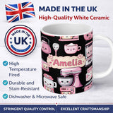 Personalized Custom Name Cute Kawaii Pink Kitchen Appliances Black Background Seamless 11oz Ceramic Coffee Tea Mug White Large Handle