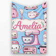 Cute Kawaii Pink  Appliances Soft Blue Background Seamless  Personalised Custom Name Super Soft Fleece Blanket Bed Sofa Throw