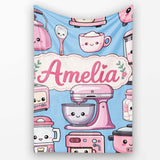 Cute Kawaii Pink  Appliances Soft Blue Background Seamless  Personalised Custom Name Super Soft Fleece Blanket Bed Sofa Throw