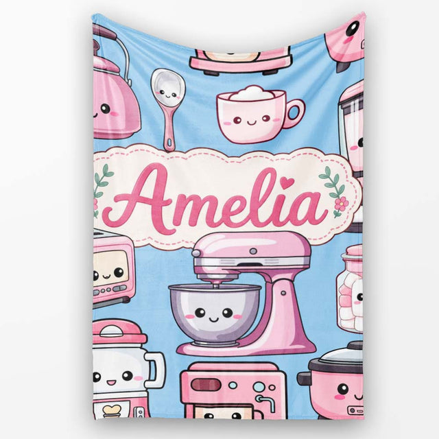 Cute Kawaii Pink  Appliances Soft Blue Background Seamless  Personalised Custom Name Super Soft Fleece Blanket Bed Sofa Throw