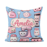 Custom Name Kawaii Pink Appliances Soft Blue Background Seamless Square Filled Cushion Throw Pillow Sofa Bed Home Decor Zip Washable UK Made