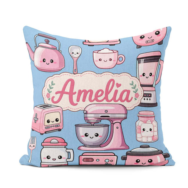 Custom Name Kawaii Pink Appliances Soft Blue Background Seamless Square Filled Cushion Throw Pillow Sofa Bed Home Decor Zip Washable UK Made