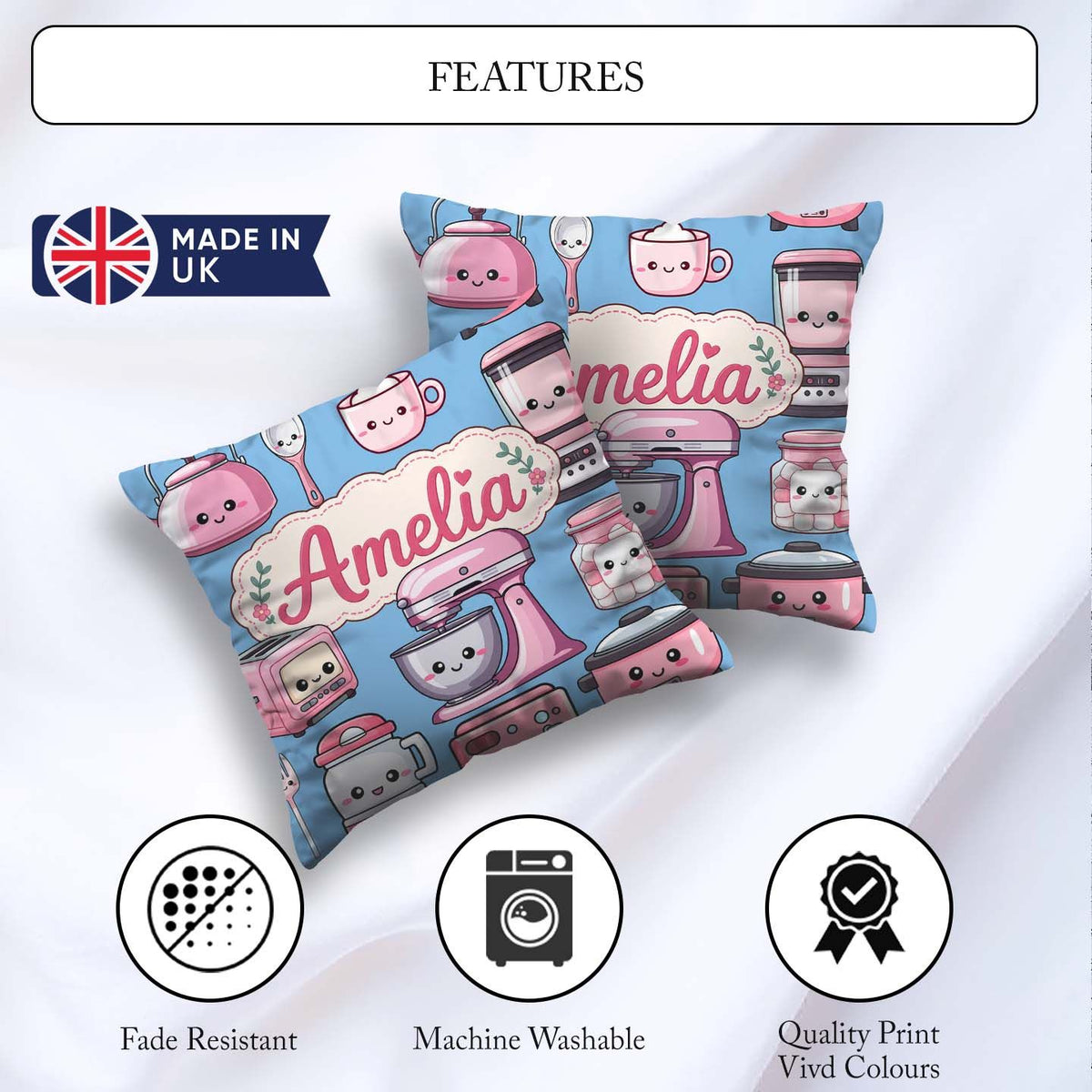 Custom Name Kawaii Pink Appliances Soft Blue Background Seamless Square Filled Cushion Throw Pillow Sofa Bed Home Decor Zip Washable UK Made