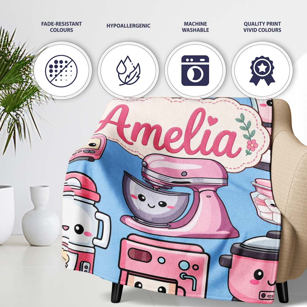 Cute Kawaii Pink  Appliances Soft Blue Background Seamless  Personalised Custom Name Super Soft Fleece Blanket Bed Sofa Throw