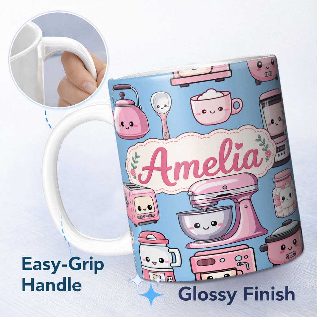 Personalized Custom Name Cute Kawaii Pink Kitchen Appliances Soft Blue Background Seamless 11oz Ceramic Coffee Tea Mug White Large Handle