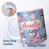 Personalized Custom Name Cute Kawaii Pink Kitchen Appliances Soft Blue Background Seamless 11oz Ceramic Coffee Tea Mug White Large Handle