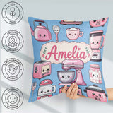 Custom Name Kawaii Pink Appliances Soft Blue Background Seamless Square Filled Cushion Throw Pillow Sofa Bed Home Decor Zip Washable UK Made