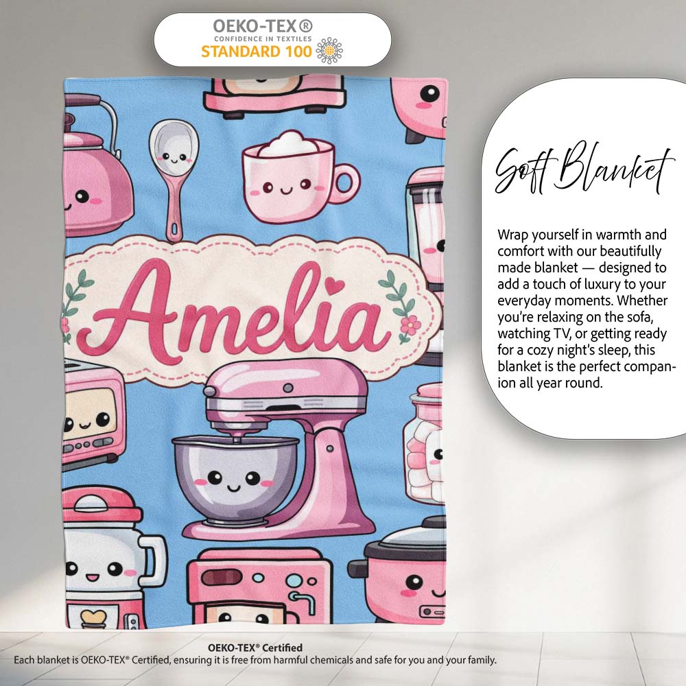 Cute Kawaii Pink  Appliances Soft Blue Background Seamless  Personalised Custom Name Super Soft Fleece Blanket Bed Sofa Throw
