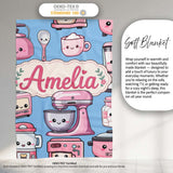 Cute Kawaii Pink  Appliances Soft Blue Background Seamless  Personalised Custom Name Super Soft Fleece Blanket Bed Sofa Throw